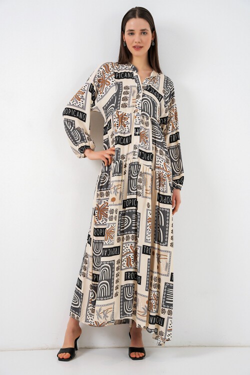 Kadın Desenli Uzun Tesettür Elbise 2585 - K. Bej