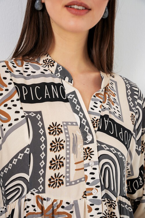 Kadın Desenli Uzun Tesettür Elbise 2585 - K. Bej