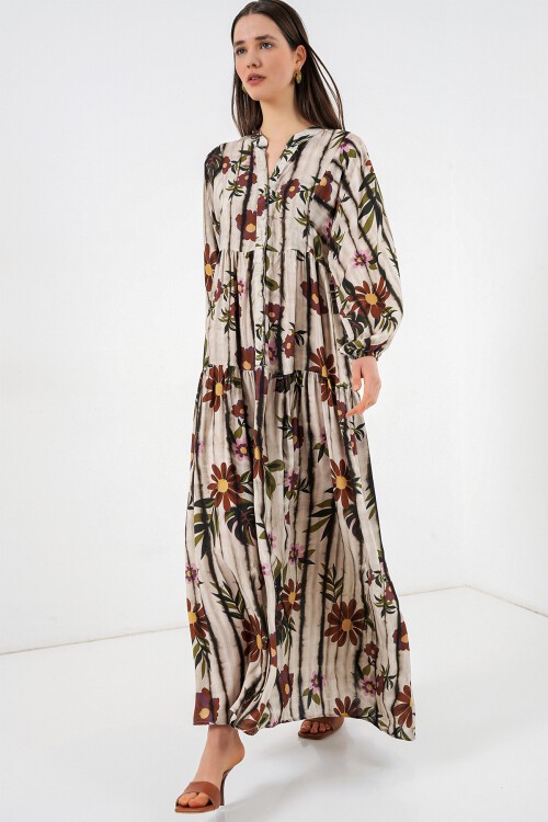 Kadın Desenli Uzun Tesettür Elbise 2585 - Kahve Bej