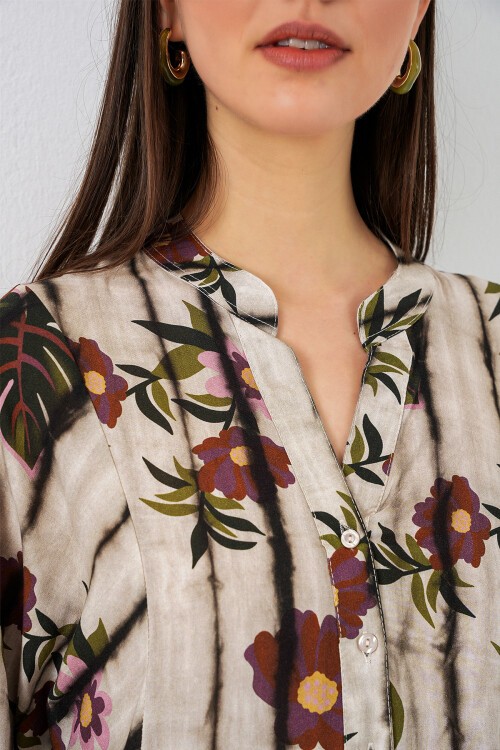 Kadın Desenli Uzun Tesettür Elbise 2585 - Kahve Bej