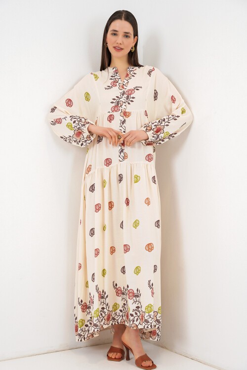 Kadın Desenli Uzun Tesettür Elbise 2585 - Kiremit