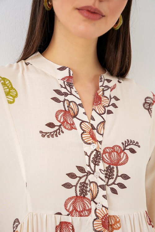 Kadın Desenli Uzun Tesettür Elbise 2585 - Kiremit