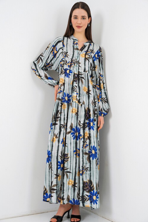 Kadın Desenli Uzun Tesettür Elbise 2585 - Koyu Gri