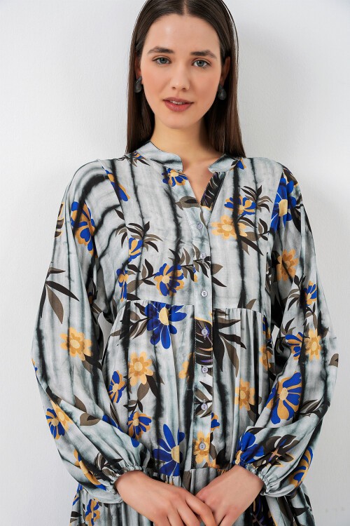 Kadın Desenli Uzun Tesettür Elbise 2585 - Koyu Gri