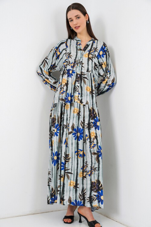 Kadın Desenli Uzun Tesettür Elbise 2585 - Koyu Gri