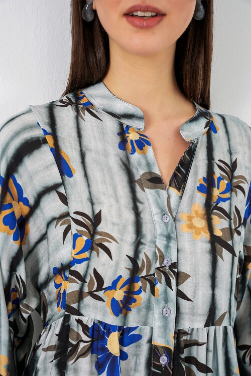 Kadın Desenli Uzun Tesettür Elbise 2585 - Koyu Gri