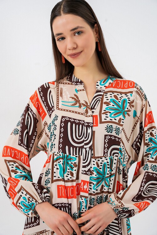 Kadın Desenli Uzun Tesettür Elbise 2585 - Koyu Kahve