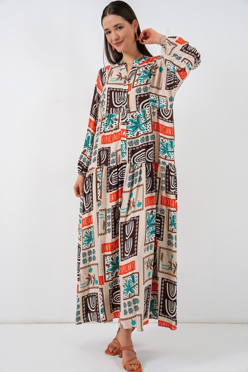 Kadın Desenli Uzun Tesettür Elbise 2585 - Koyu Kahve