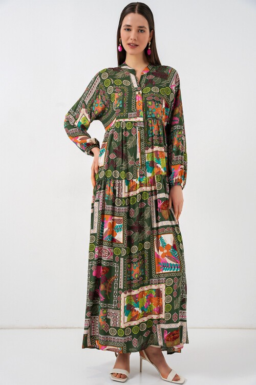 Kadın Desenli Uzun Tesettür Elbise 2585 - Koyu Yeşill