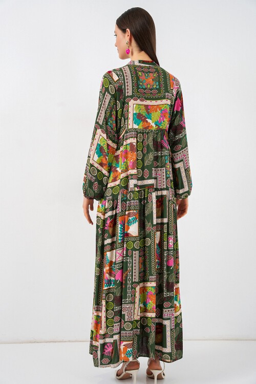 Kadın Desenli Uzun Tesettür Elbise 2585 - Koyu Yeşill