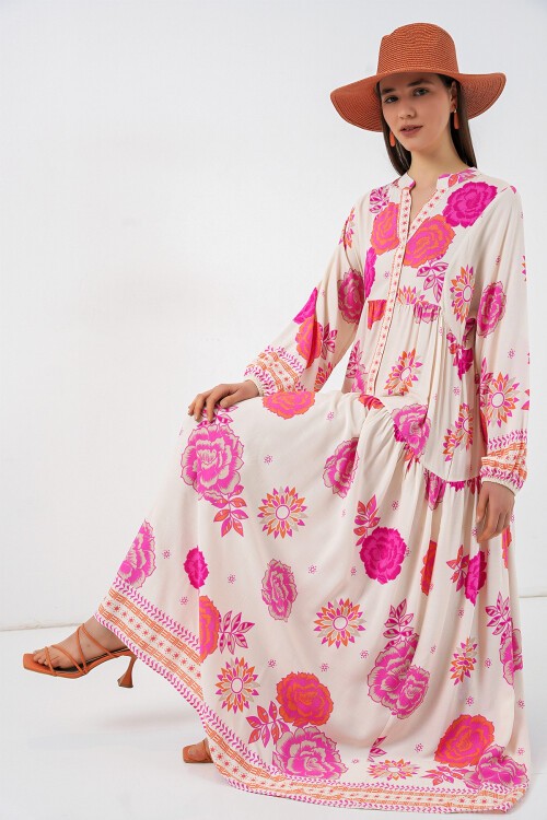 Kadın Desenli Uzun Tesettür Elbise 2585 - L. Fuşya