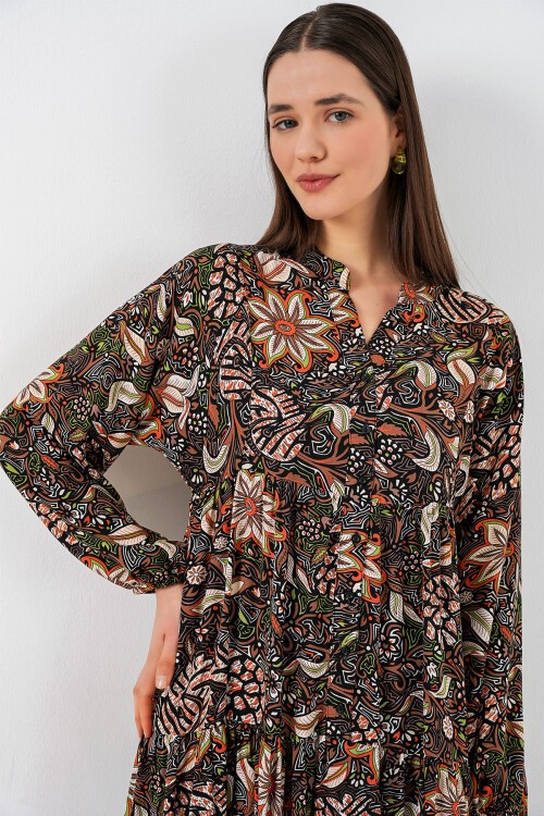 Kadın Desenli Uzun Tesettür Elbise 2585 - L. Siyah