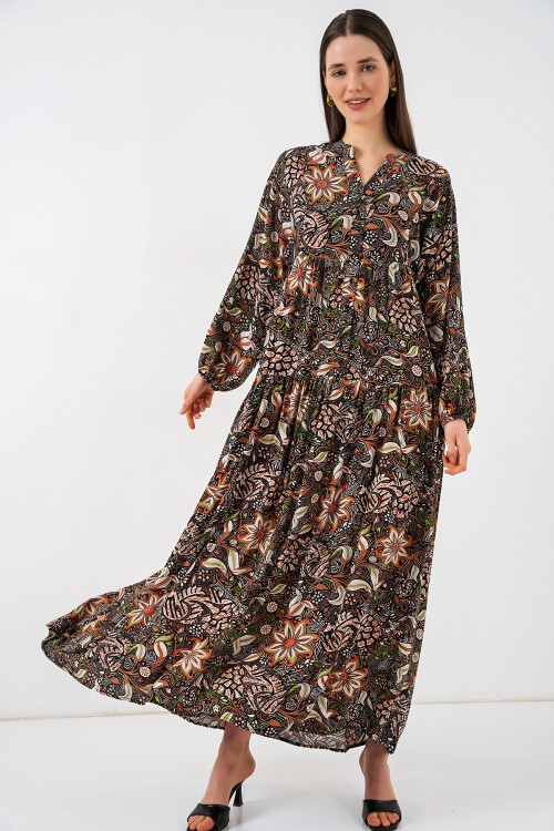 Kadın Desenli Uzun Tesettür Elbise 2585 - L. Siyah