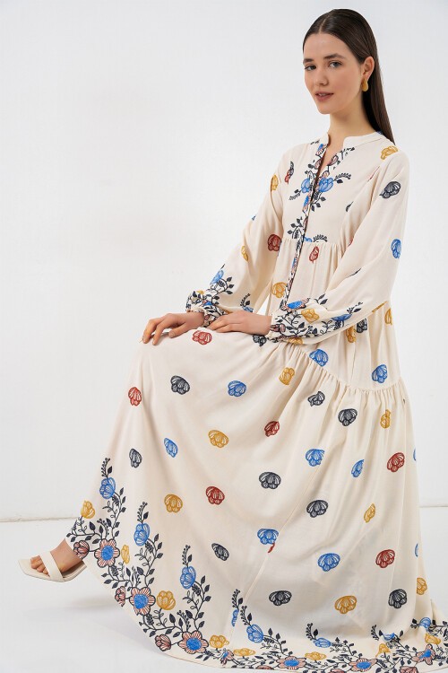 Kadın Desenli Uzun Tesettür Elbise 2585 - Lacivert 8