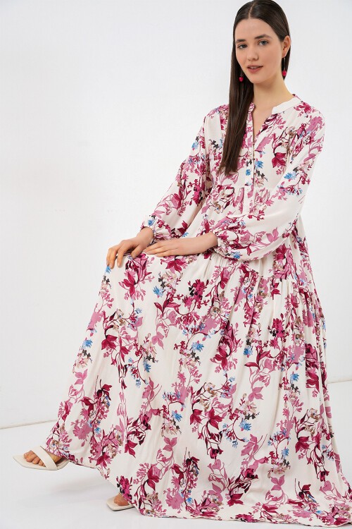 Kadın Desenli Uzun Tesettür Elbise 2585 - M. Kırmızı