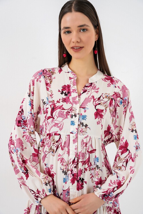 Kadın Desenli Uzun Tesettür Elbise 2585 - M. Kırmızı