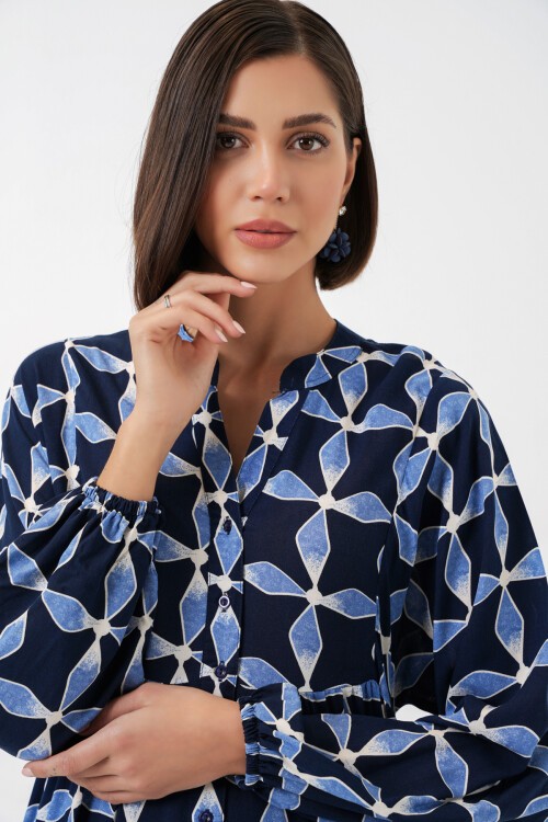 Kadın Desenli Uzun Tesettür Elbise 2585 - M. Lacivert