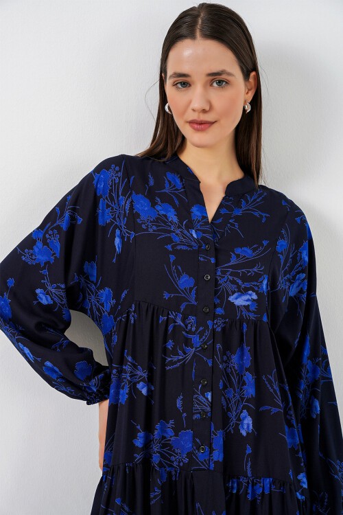 Kadın Desenli Uzun Tesettür Elbise 2585 - Siyah 9