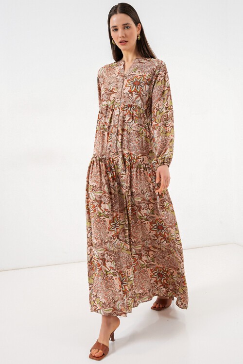 Kadın Desenli Uzun Tesettür Elbise 2585 - Sütlü Kahve