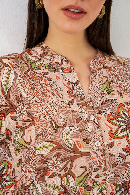 Kadın Desenli Uzun Tesettür Elbise 2585 - Sütlü Kahve