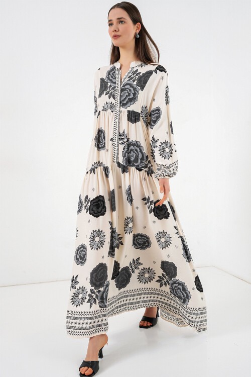 Kadın Desenli Uzun Tesettür Elbise 2585 - T. Ekru