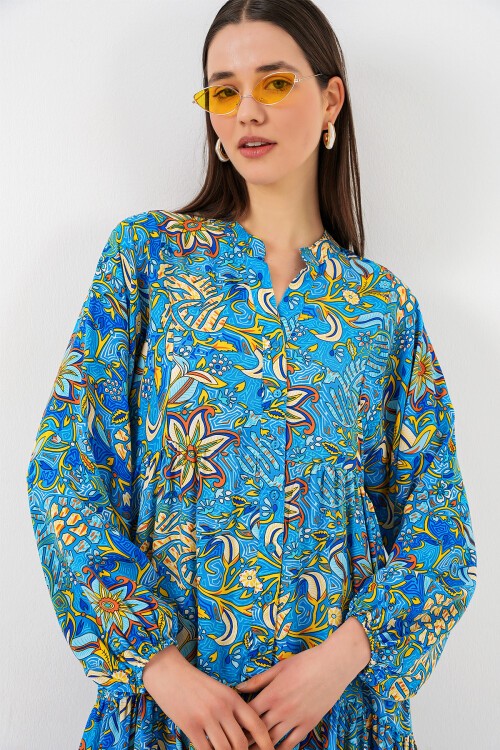 Kadın Desenli Uzun Tesettür Elbise 2585 - Turkuaz