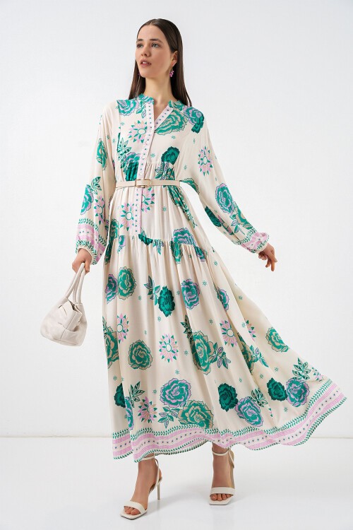 Kadın Desenli Uzun Tesettür Elbise 2585 - Yeşil 1