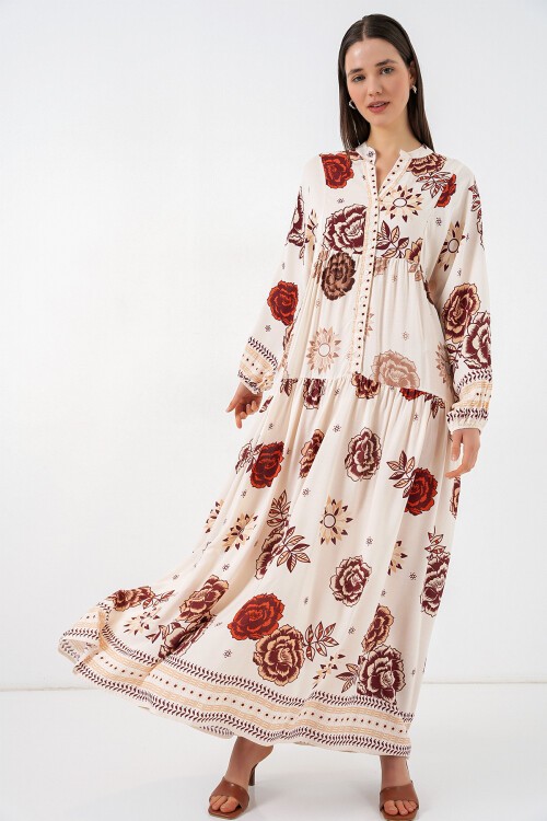 Kadın Desenli Uzun Tesettür Elbise 2585 - Z.Bej