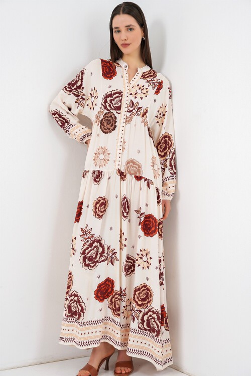 Kadın Desenli Uzun Tesettür Elbise 2585 - Z.Bej