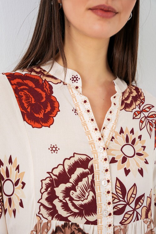 Kadın Desenli Uzun Tesettür Elbise 2585 - Z.Bej