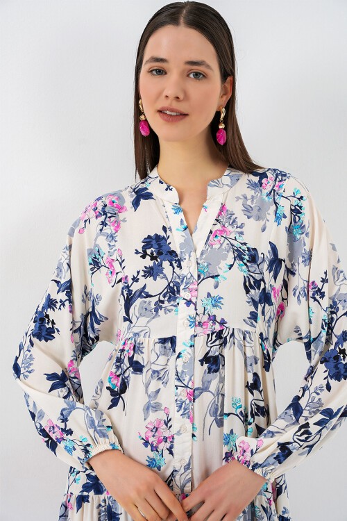 Kadın Desenli Uzun Tesettür Elbise 2585 - Z.Lacivert