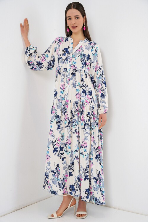 Kadın Desenli Uzun Tesettür Elbise 2585 - Z.Lacivert