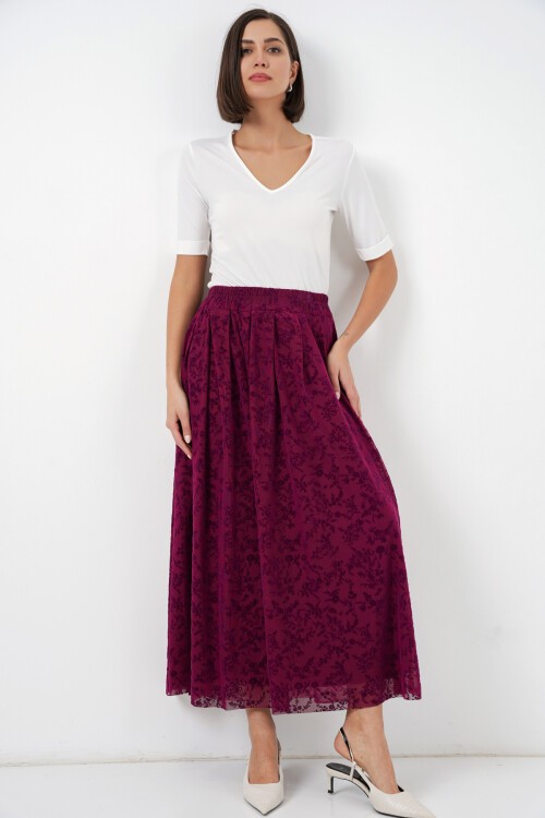 Kadın Flok Baskılı Astarlı Etek 8069 - Mürdüm