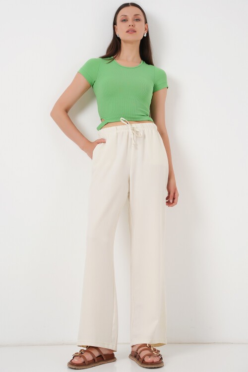 Kadın Geniş Paça Keten Pantolon 6735 - Ekru