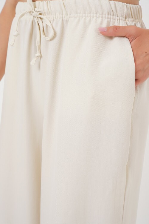 Kadın Geniş Paça Keten Pantolon 6735 - Ekru