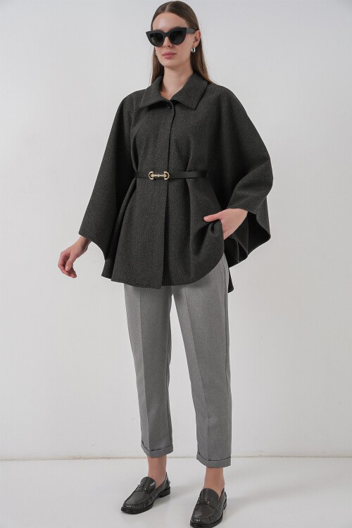 Kadın Kemerli Kaşe Panço 9170 - Antrasit
