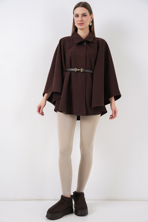 Kadın Kemerli Kaşe Panço 9170 - Kahverengi