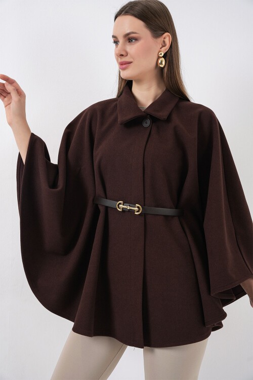 Kadın Kemerli Kaşe Panço 9170 - Kahverengi