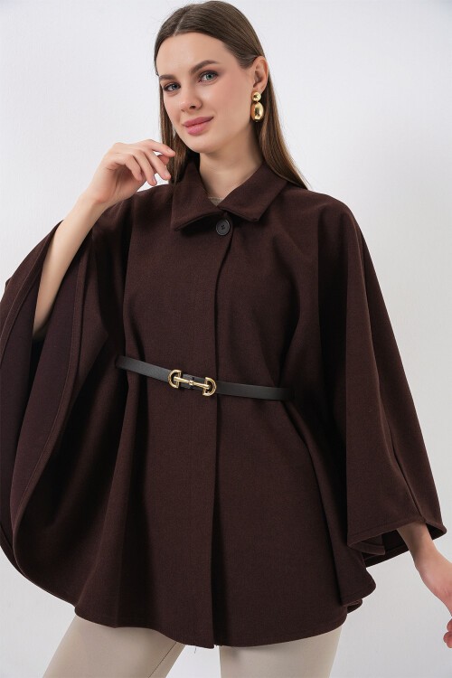 Kadın Kemerli Kaşe Panço 9170 - Kahverengi