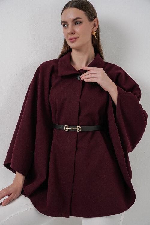 Kadın Kemerli Kaşe Panço 9170 - Mürdüm