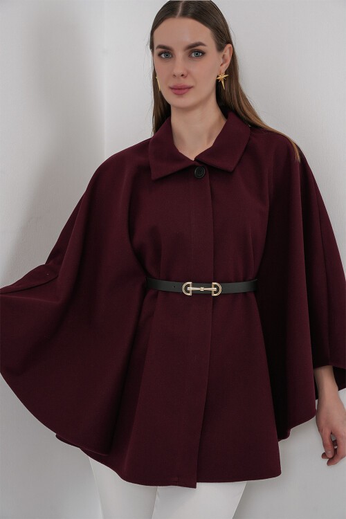 Kadın Kemerli Kaşe Panço 9170 - Mürdüm