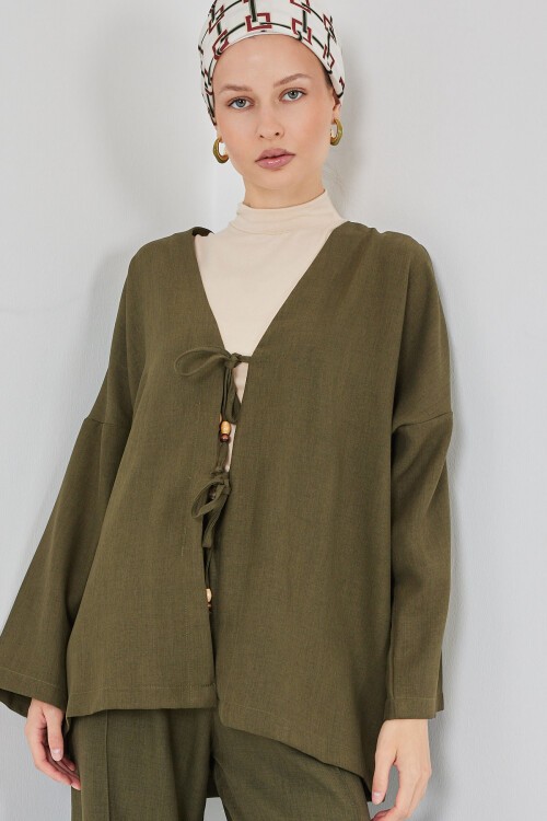 Kadın Keten Kimono İkili Takım 6727 - Haki