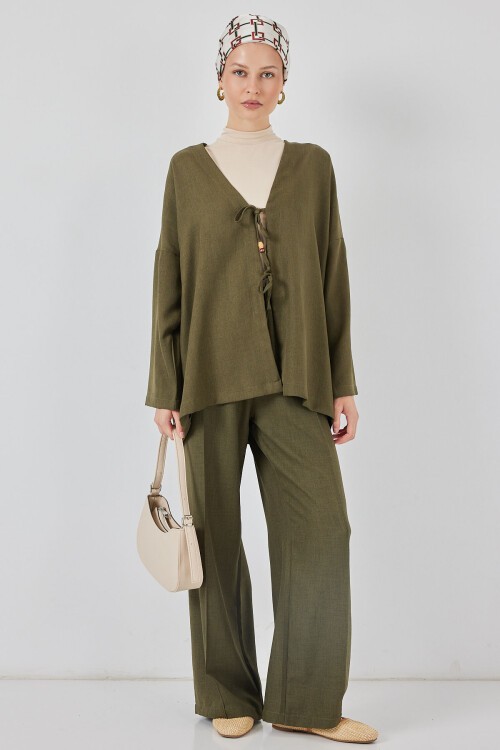 Kadın Keten Kimono İkili Takım 6727 - Haki