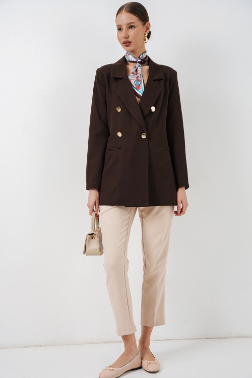 Kadın Kruvaze Yaka Blazer Ceket 0722 - Kahverengi