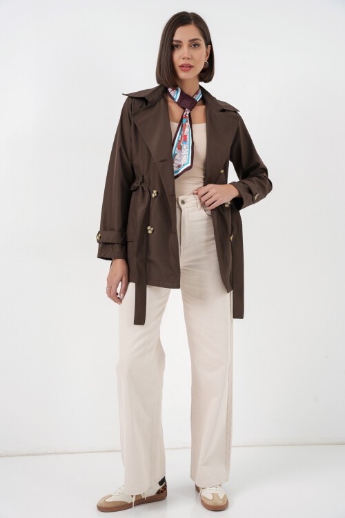 Kadın Kuşaklı Kısa Trençkot 5982 - Kahverengi