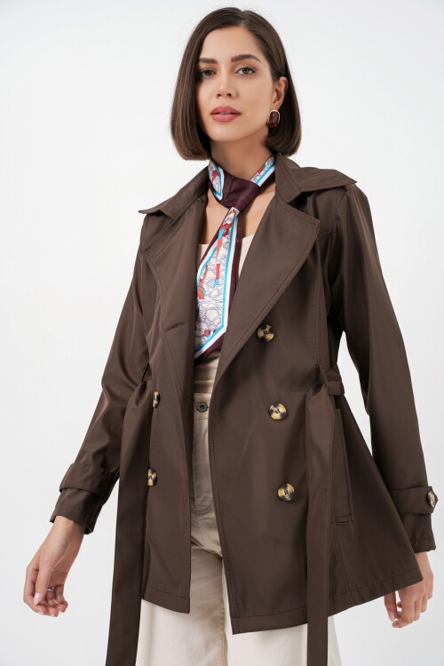Kadın Kuşaklı Kısa Trençkot 5982 - Kahverengi