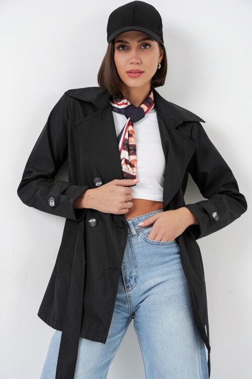 Kadın Kuşaklı Kısa Trençkot 5982 - Siyah