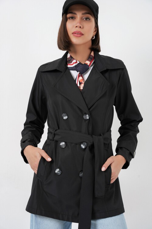 Kadın Kuşaklı Kısa Trençkot 5982 - Siyah