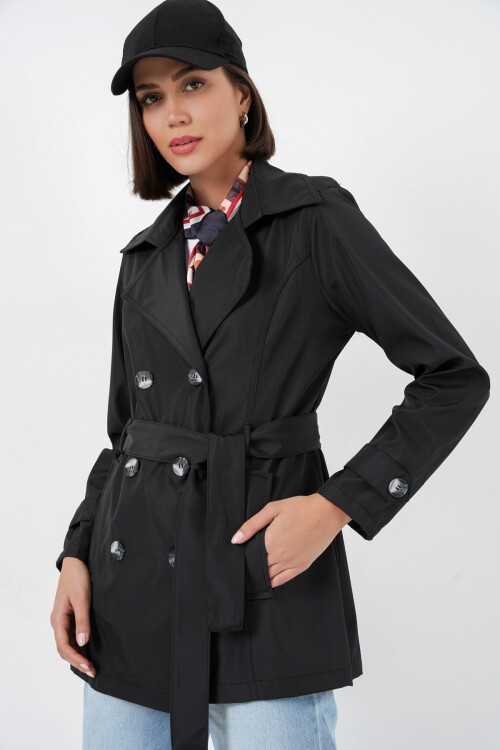 Kadın Kuşaklı Kısa Trençkot 5982 - Siyah