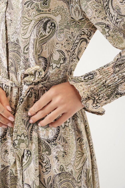 Kadın Kuşaklı Tesettür Elbise 2589 - Bej